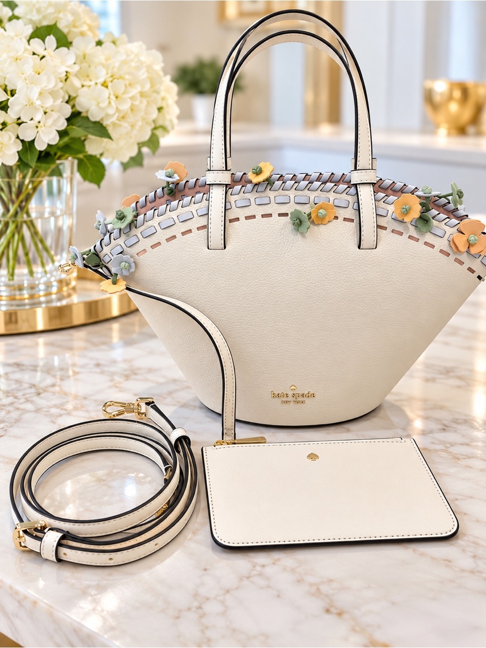 kate spade cream floral-appliqué leather shoulder bag with pouch.